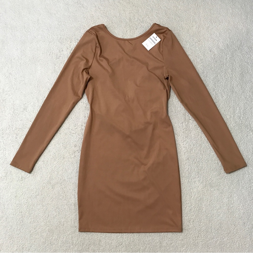 Cotton On Long Sleeve Bodycon Mini Dress Criss Cross Back Camel Size M
